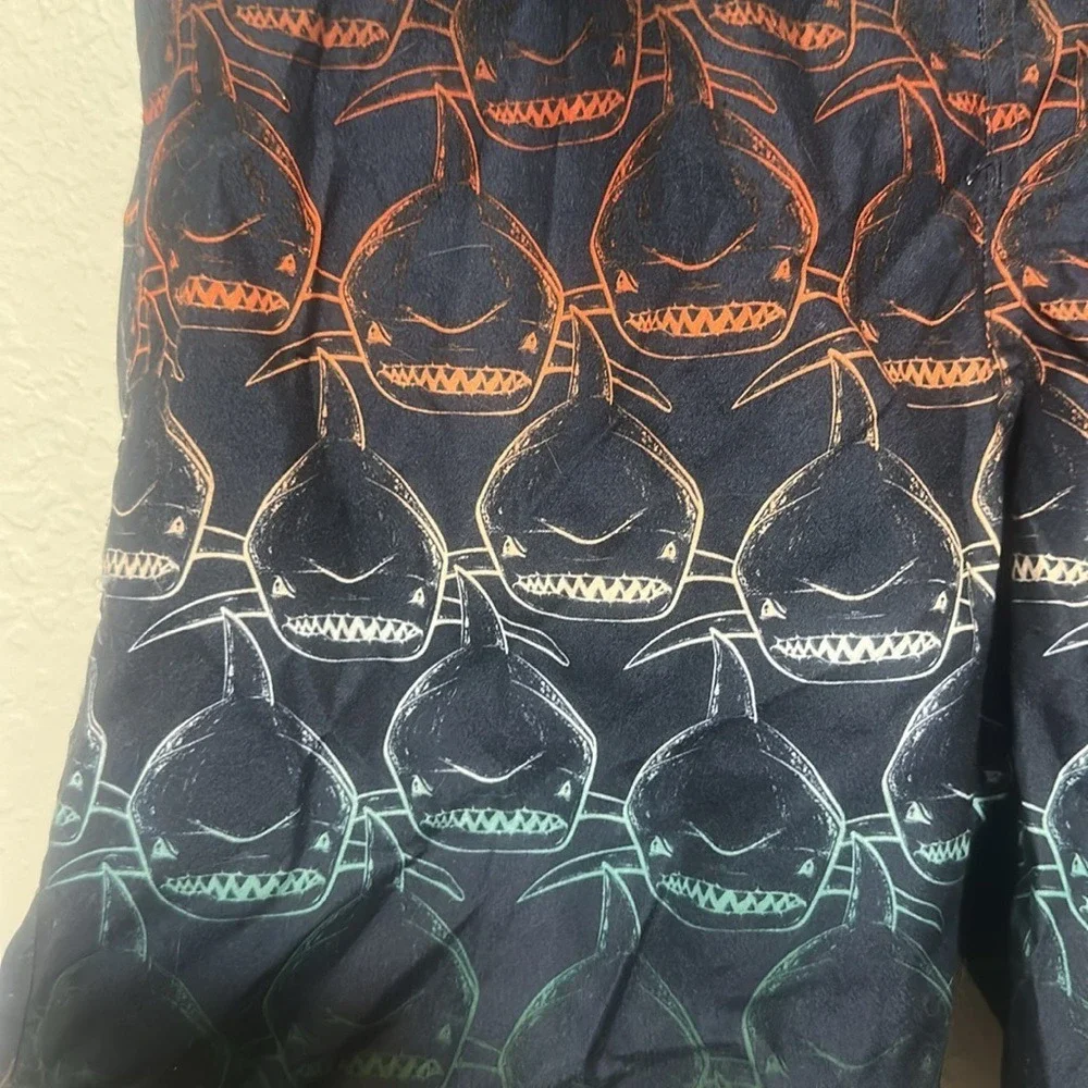 Revolution Boys Shark Print Swim Trunks Navy Blue Orange Teal Size L 12/14 NWT
